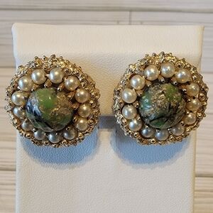 Vintage Kramer Gold-tone Faux Pearl Halo Green Cabochon Clip-On Earrings